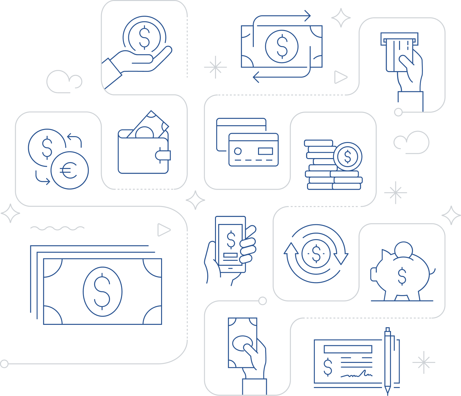 An illustration of various money related icons.