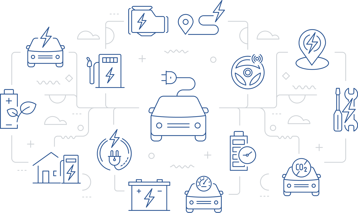 An illustration showing various electricity and electric car icons.