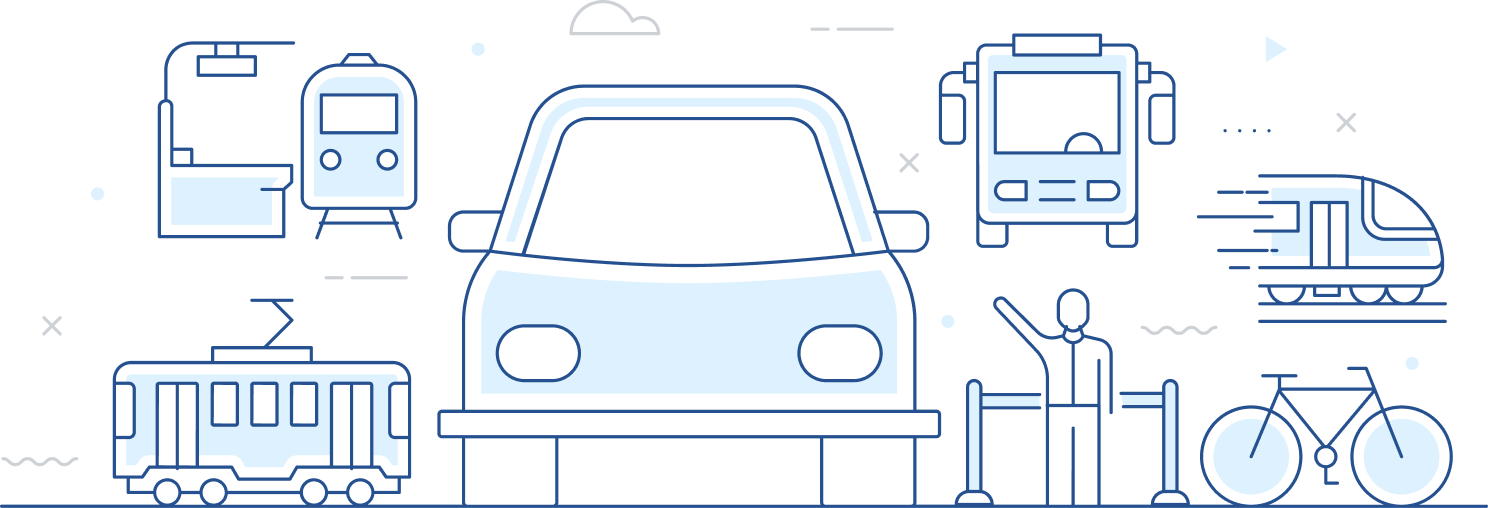 An illustration showing various forms of transportation such as a car, bus, and bicycle.