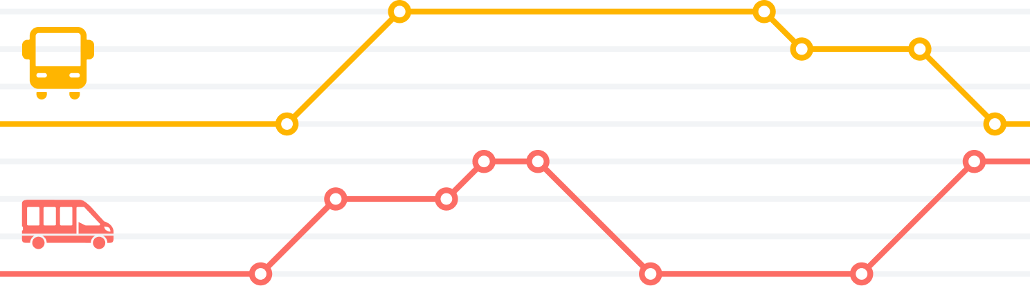 An illustration showing a bus icon on one abstract route and an passanger van on another abstract route.