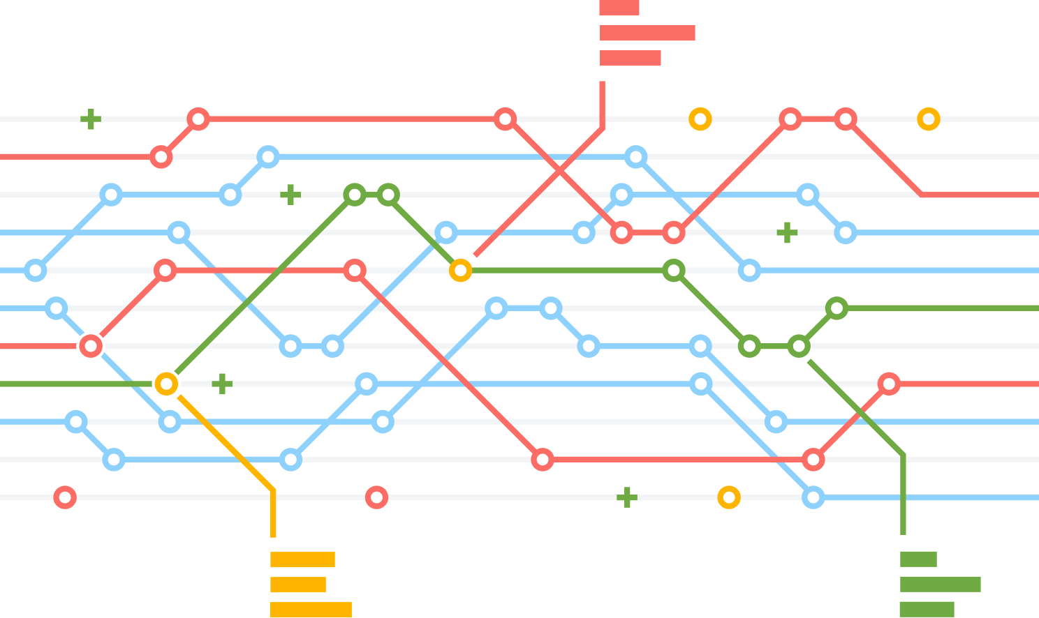 An illustration showing abstract, geometrically presented routes in different colors. A few routes have abstract notes attached.