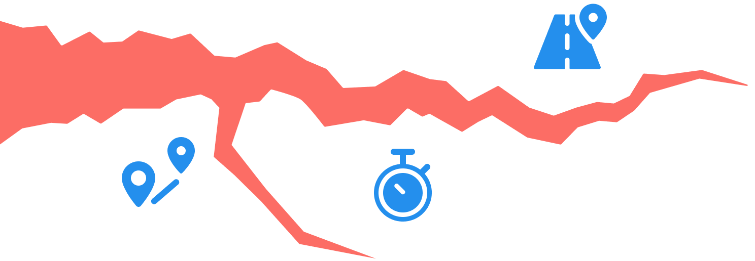 An illustration showing a stylized crack separating a route plan, a stopwatch, and a location pin from connecting with one another.