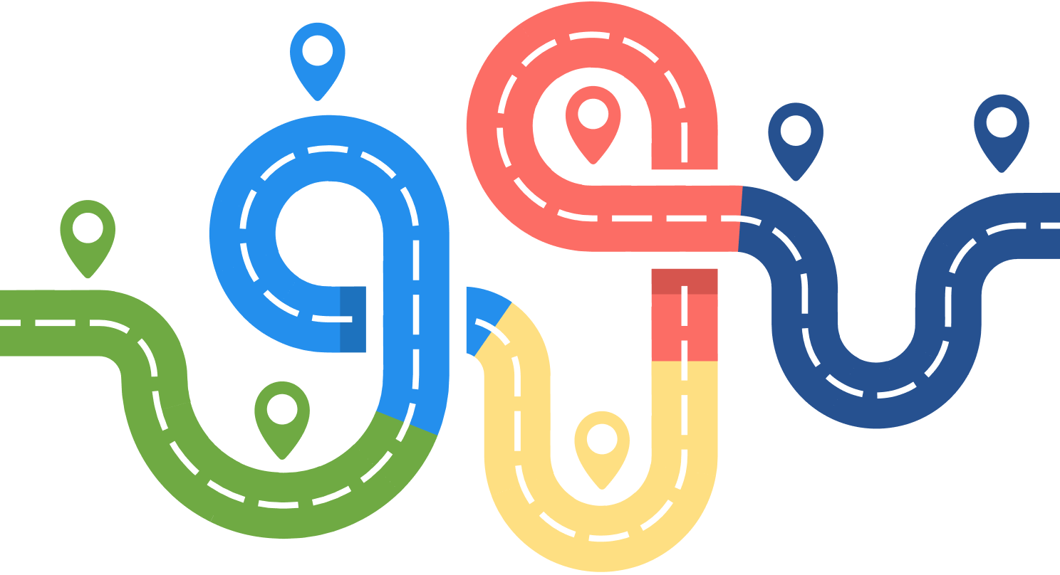 An illustration of a winding road broken up into five different colored segments.