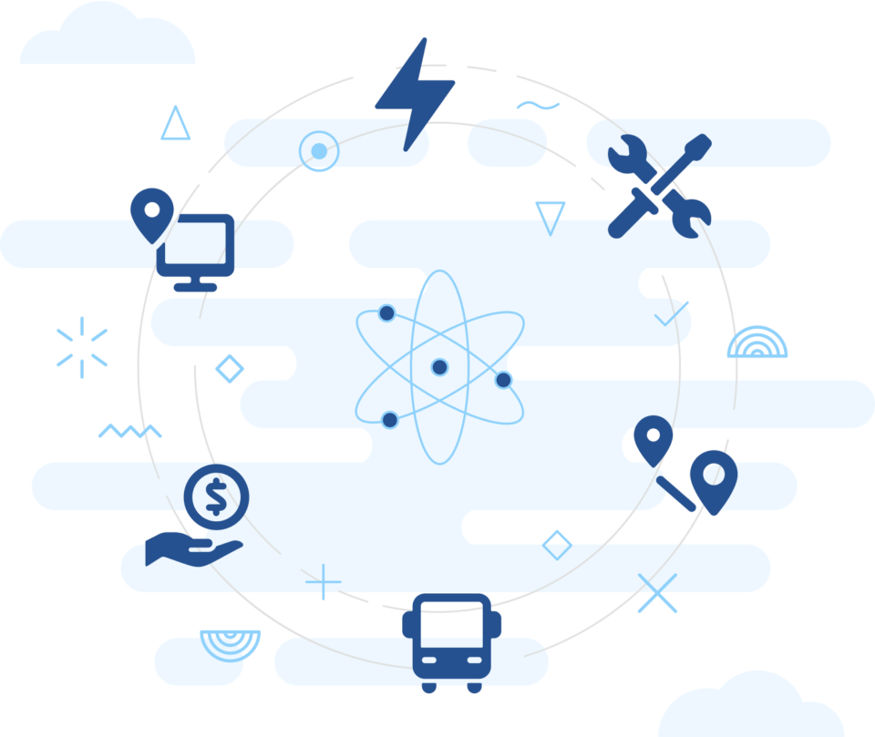 Illustration showing various transportation themed icons surrounding an icon of an atom.