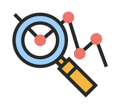 An icon showing a magnifying glass over some data points on a line chart. 