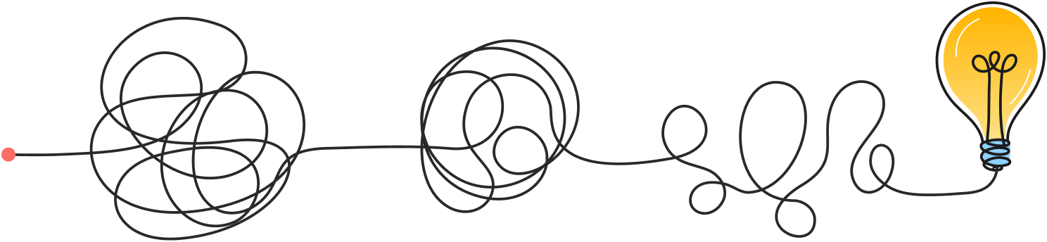 An illustration of a line scribble that starts very complex on the left and progressively becomes less complex towards the right side, culminating in a lightbulb on the far right.